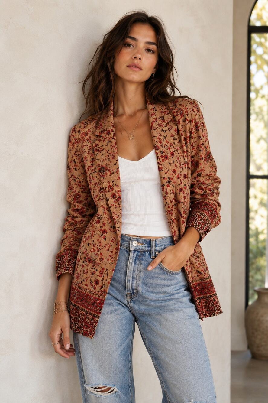 Free People Bellflower Double Breasted Blazer in Tobacco Combo, Size S Boho